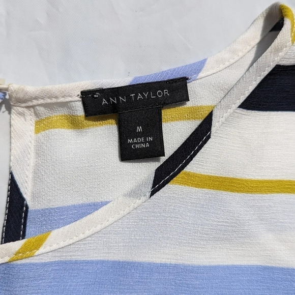 Ann Taylor Striped Tie Tee Shirt Style Blouse Blue/Mustard- Woman Medium - Picture 6 of 8